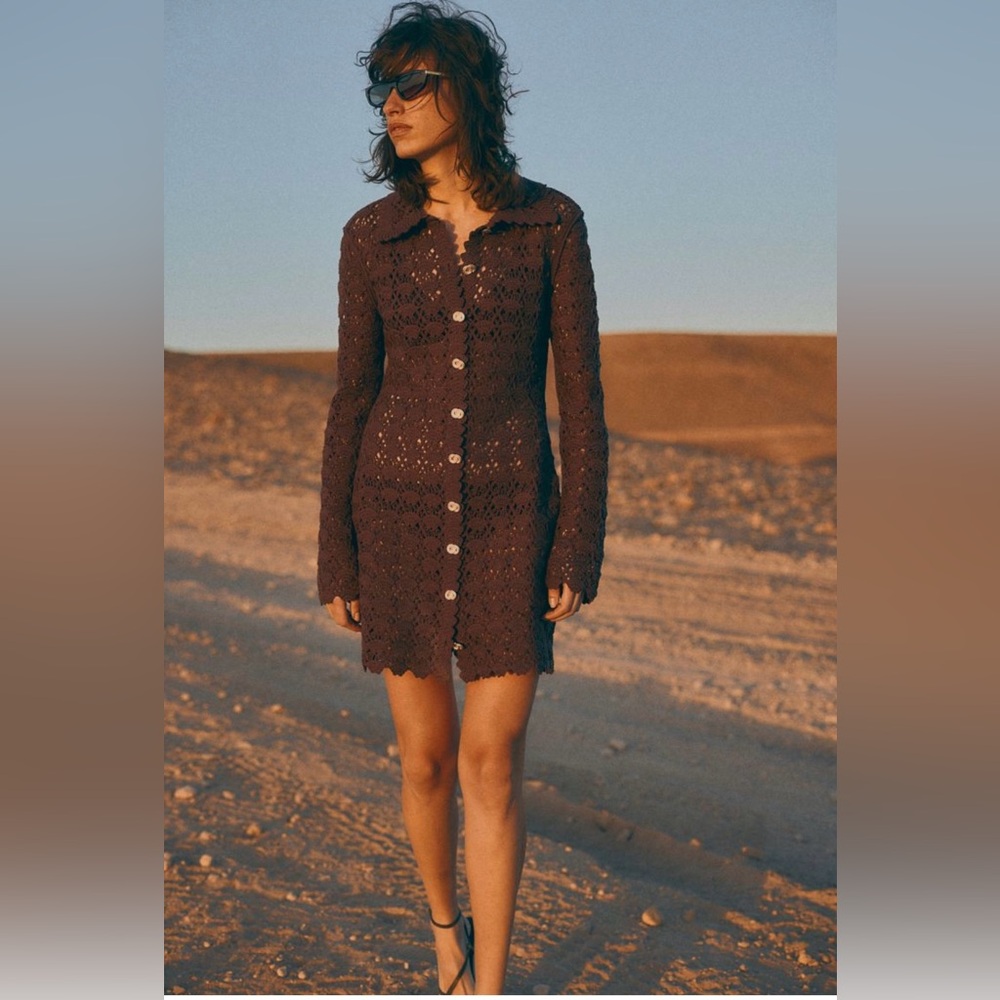 H&M DARK BROWN CROCHET-LOOK DRESS SIZE S - Picture 5 of 12